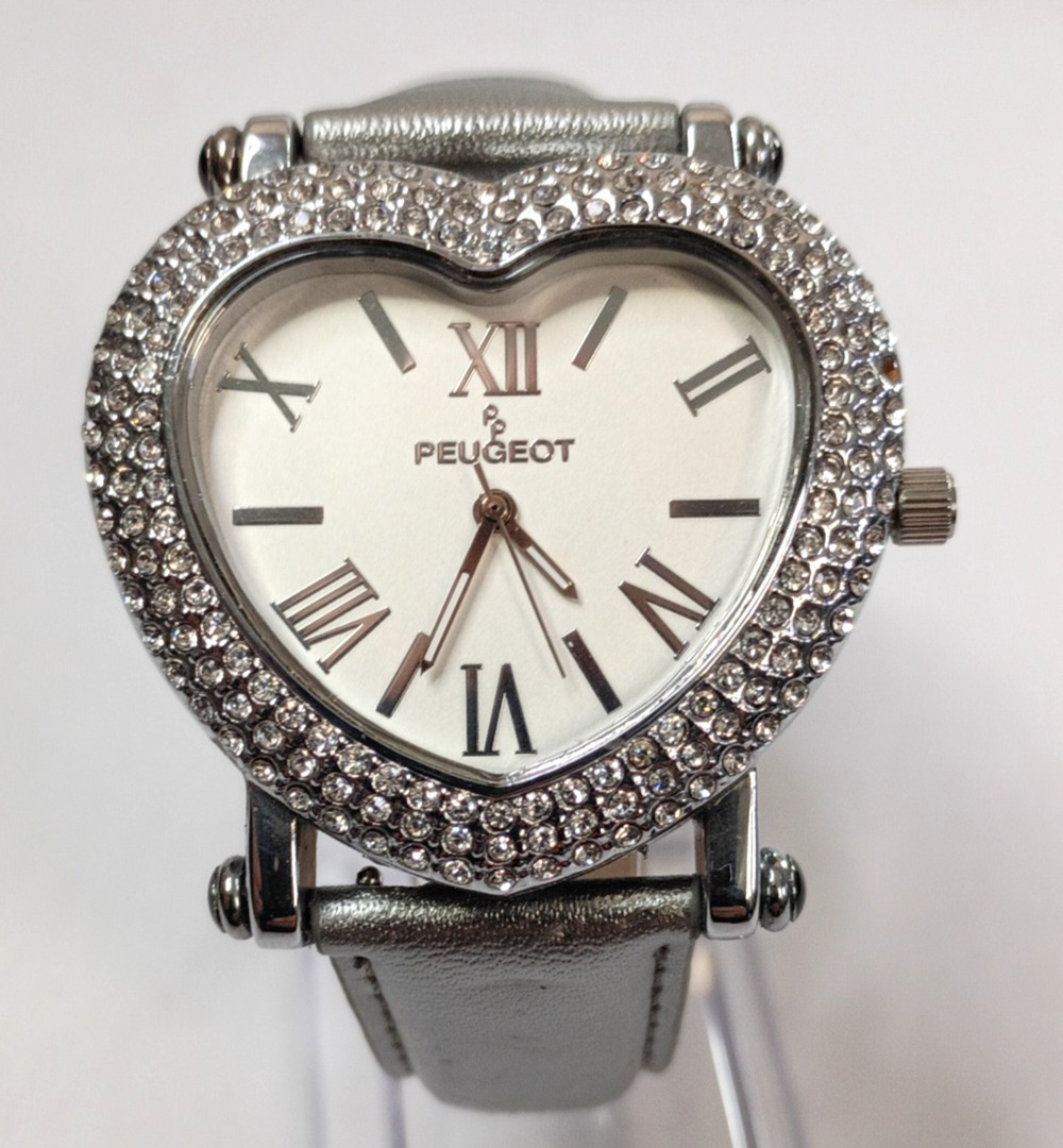 Peugeot Silver Heart Shaped Face Watch with Crystal Bezel